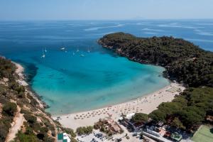 an aerial view of a beach with people and boats at Appartamento Pino Fetovaia by ElbaSummer Tour Operator in Fetovaia