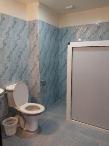 een badkamer met een toilet en blauwe muren bij SUD-EST palace in Aït Igad