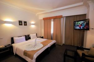 una habitación de hotel con una cama con un cisne en ella en Cleopatra Hotel, en Asuán