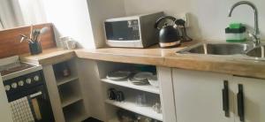 a kitchen counter with a sink and a microwave at LM Loft Maboneng in Johannesburg
