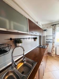 a kitchen with a sink and a counter top at Apartament ultracentral in Craiova +6 photos