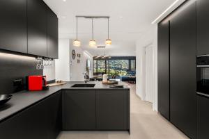 Una cocina con gabinetes negros y una encimera negra. en Terrace, Garden & Castle View, en Bellinzona 13 fotos más