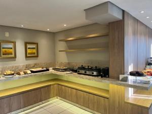 a kitchen with a counter with a stove in it at Ipê Hotel Curitiba - Av das Torres in Curitiba
