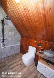 a bathroom with a toilet and a wooden wall at Niko Mamasakhlisi Guest House in Ozurgetʼi