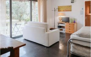 a living room with a white chair and a television at Monte das Mariolas in Castelo de Vide