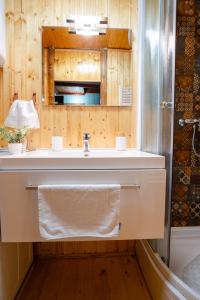 a bathroom with a sink with a mirror and a shower at Apartman Osoj Mrzla Vodica in Mrzla Vodica