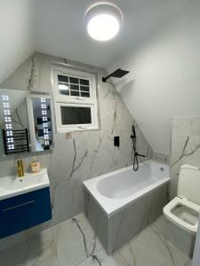 Blindley HeathにあるDippen Hall Signature Apartmentの浴槽とトイレのある白いバスルーム