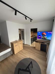 a living room with a large screen tv in a room at Ďumbierska Sásová Apartment in Otilia