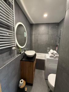 a bathroom with a sink and a toilet and a mirror at Ďumbierska Sásová Apartment in Otilia