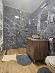 a bathroom with a sink and a mirror at Áron Apartman in Tiszafüred