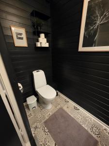 ein schwarzes Badezimmer mit Toilette und Teppich in der Unterkunft Apartment, Fosnavåg city center in Fosnavåg