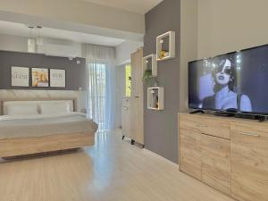 Un dormitorio con una cama y un televisor de pantalla plana. en Reina Apartments Skopje with FREE Parking, en Skopje