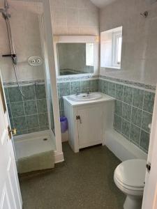 FreckenhamにあるThe Golden Boar Innのトイレ、洗面台、シャワー付きのバスルーム