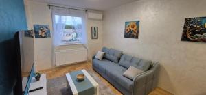 a living room with a couch and a window at Apartman Blue in Subotica