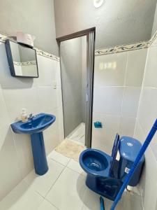 a bathroom with a blue toilet and a sink at Hospedaje Paluma in Asunción