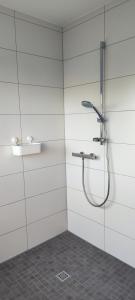 a bathroom with a shower with a hose at Storch Appartements Limburg in Hundsangen