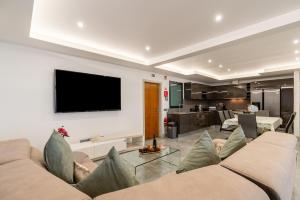 a living room with a couch and a tv on a wall at Sunny Side I Free heated pool in Tábua