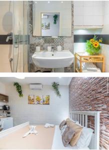 two pictures of a bathroom with a sink and a shower at Casa andré in Siracusa