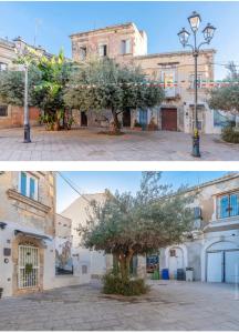 two pictures of a building with a tree in the courtyard at Casa andré in Siracusa
