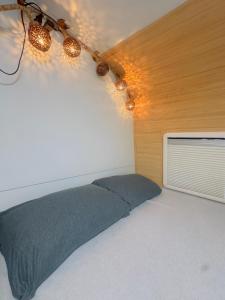 a bedroom with a bed and a window and lights at הקרוואן במושב in Beʼerotayim +28 photos