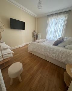 a bedroom with a bed and a chair and a television at Appartement Vu Rhône - Vienne Centre in Vienne