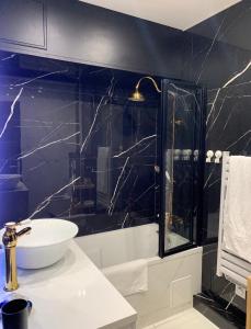 a bathroom with a sink and a shower at Appartement Vu Rhône - Vienne Centre in Vienne
