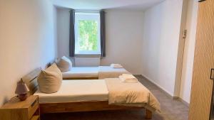 two beds in a small room with a window at Hoa Xuan Pension in Rötha
