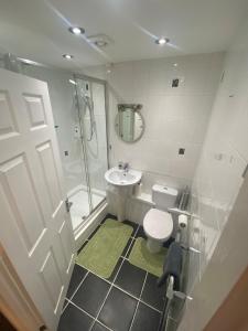 une salle de bain avec toilettes, lavabo et douche dans l'établissement Home in Ty Canol, Cwmbran, à Cwmbrân