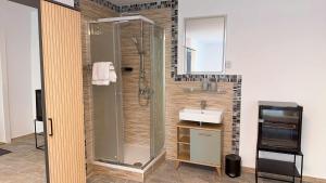 a bathroom with a shower and a sink at Hoa Xuan Pension in Rötha