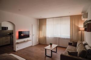 a living room with a couch and a table at Bicycle Lodge in Rehlingen-Siersburg