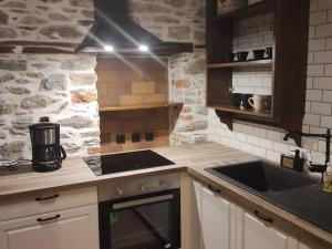 a kitchen with a stove and a sink at Charming Apartments in Trikeri Village in Tríkeri +23 photos