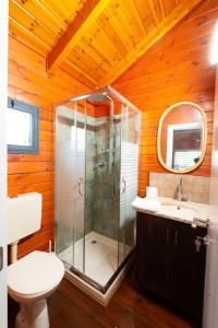 a bathroom with a shower and a toilet and a sink at Pnina Yafa BaGalil Zimmer in Qiryat Shemona