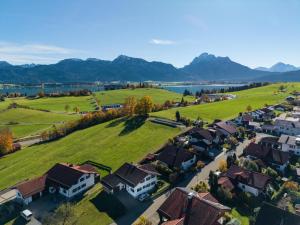 an aerial view of a village with houses and a lake at Schmölz Robert in Rieden am Forggensee