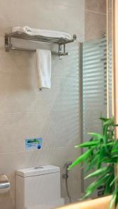 een badkamer met een toilet en een douche met een handdoek bij Dimond Vision Hotel in Jeddah