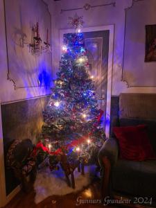 a christmas tree with lights in a living room at Romantic get-away in Mölnlycke