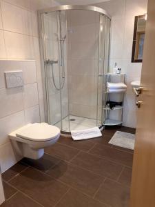 a bathroom with a shower and a toilet and a sink at Roslerhof in Inzing +19 photos