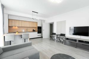 a living room and kitchen with a couch and a television at Hori Residence - Confort și Stil în Băile Felix in Cordău
