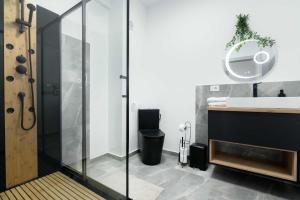 a bathroom with a glass shower and a sink at Hori Residence - Confort și Stil în Băile Felix in Cordău +11 photos