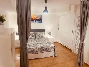 ein Schlafzimmer mit einem Bett mit Vorhängen darin in der Unterkunft Vv Ancla in Puerto de Mogán