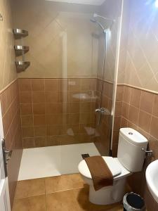 a bathroom with a shower with a toilet and a sink at Vv Velero in Puerto de Mogán