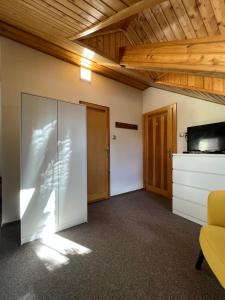 a room with a sliding glass door and wooden ceilings at Relax Centrum Gól in Loučná nad Desnou +69 photos
