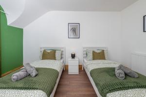 two beds in a room with green and white at Llangefni Town Centre 3 Bed Apt & Free Parking in Llangefni