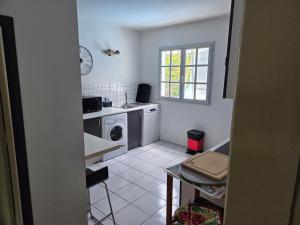 a kitchen with a washing machine and a sink at Appart Cocotiers in La Saline les Bains