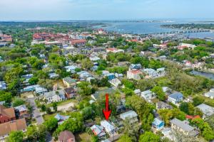 an aerial view of a city with a red arrow at Haven Tiny House - Pool, Walk to Downtown in St. Augustine