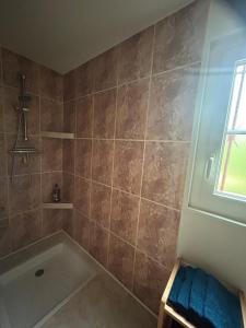 a bathroom with a tub and a shower with a window at Chez Jules in Chalon-sur-Saône