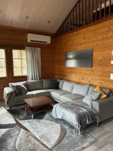 a living room with a couch and a table at Villa Hietikko in Kivijärvi