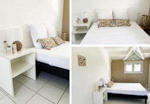 two pictures of a bedroom with a bed and a table at L'écrin des Salines, votre escale tropicale in Le Gosier