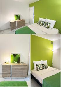 two pictures of a bedroom with a green wall at L'écrin des Salines, votre escale tropicale in Le Gosier
