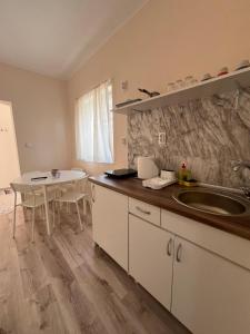 a kitchen with a sink and a table at Prenociste-apartmani Laki S in Kula