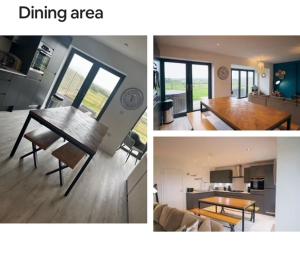 a collage of four pictures of a dining area at Anglesey sleeps 10 with hot tub in Llanfaelog